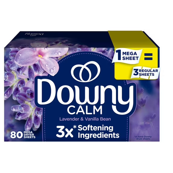 Downy Fabric Softener Dryer Sheets, Infusions Calm Lavender and Vanilla Bean Scent, 80 Mega Dryer Sheets