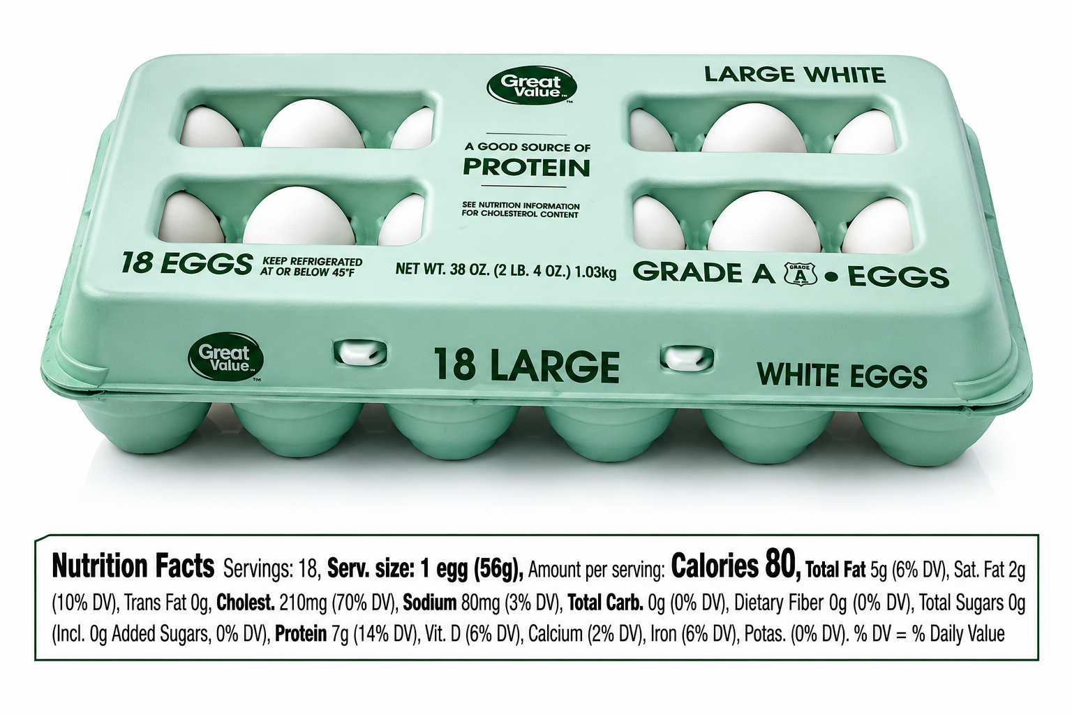 Great Value Large White Eggs, Grade A, 18 Count