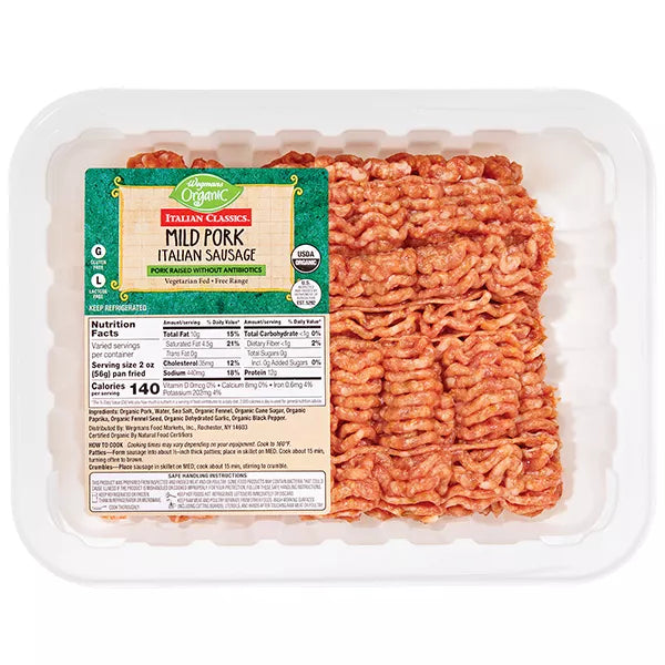 Wegmans Organic Italian Classics Ground Mild Pork Italian Sausage, Raised without Antibiotics-Avg. 1 lb