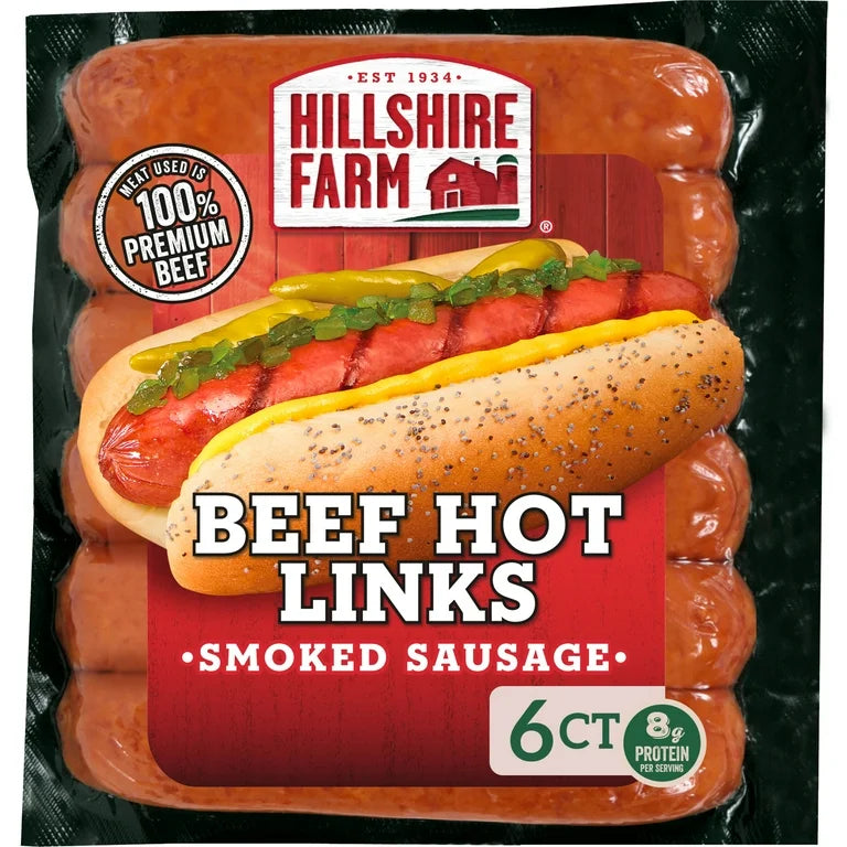 Hillshire Farm Beef Hot Smoked Sausage Links with Spicy Red Pepper, 12 oz, 6 Count
