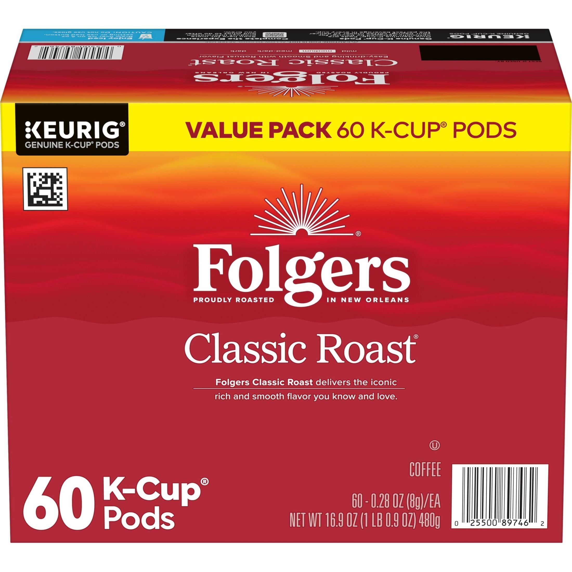 Folgers Classic Roast Medium Roast Coffee Keurig K-Cup Pods 60 Count Box