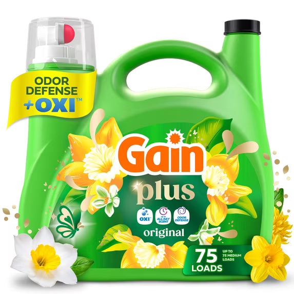 Gain Plus Laundry Detergent Liquid, Now with Odor Defense + OXI, Original Scent, 99 fl oz, 75 Loads