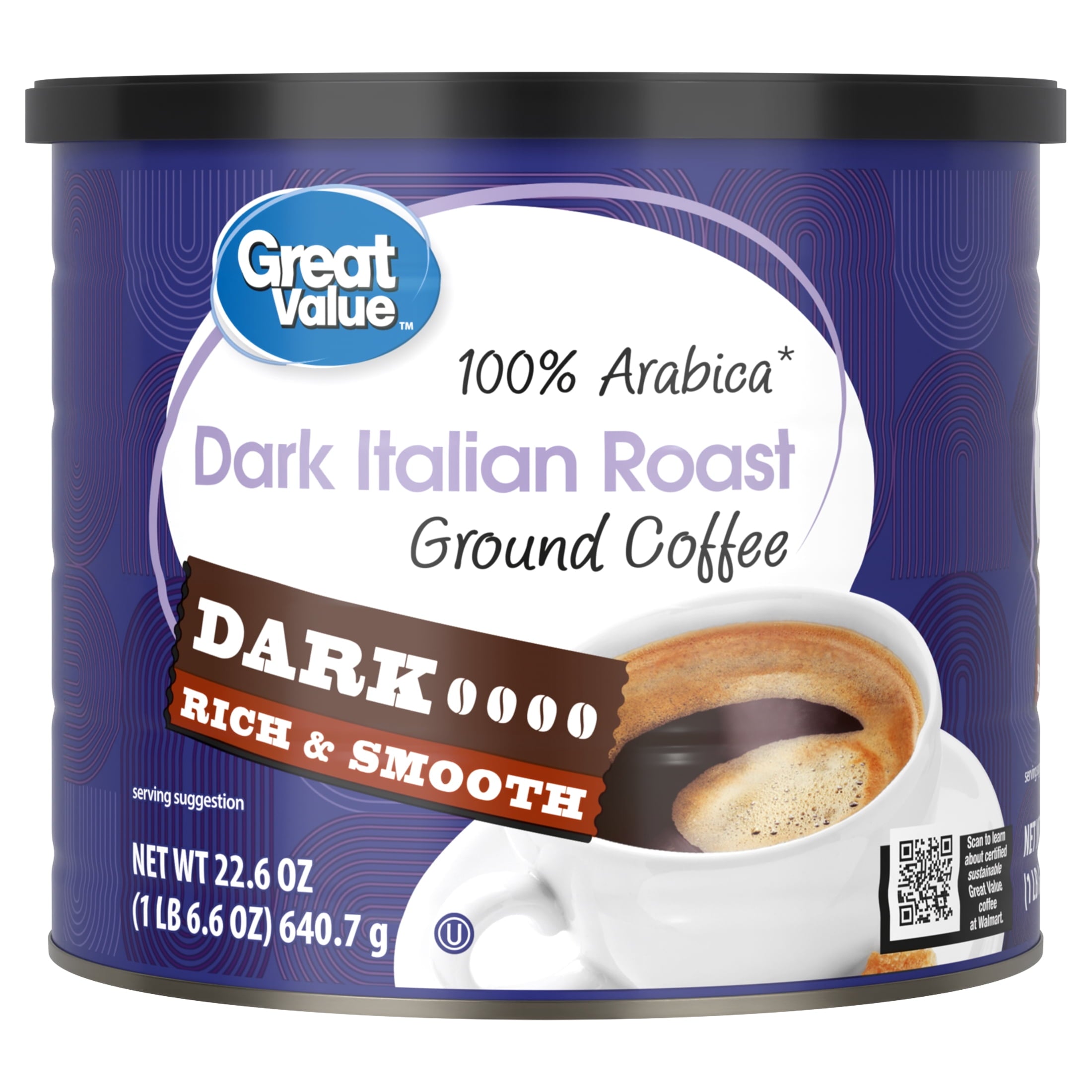 Great Value Dark Italian Roast Naturally Caffeinated Ground Coffee 22.6 oz Canister