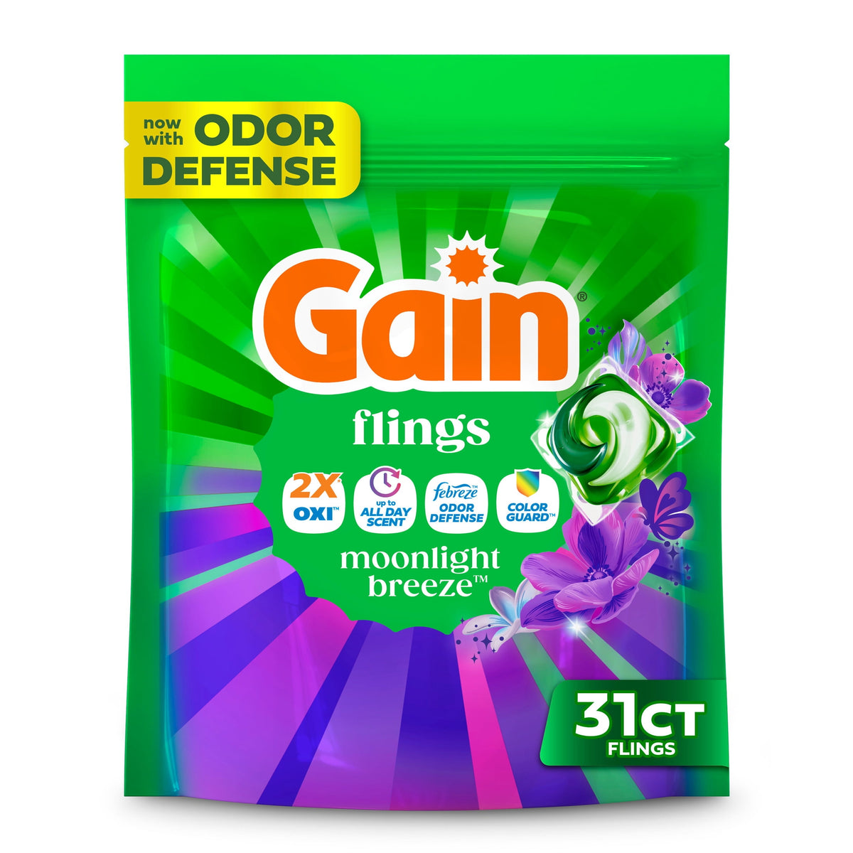 Gain Flings 4-in-1 Oxi Boost Febreze Laundry Detergent Pacs Moonlight Breeze 31 Count