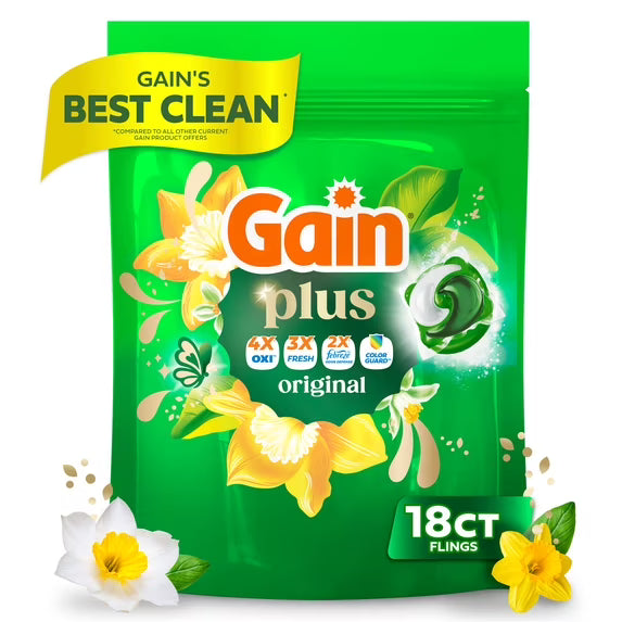 Gain Plus Flings Laundry Detergent Liquid Washing Pacs, Gain's Best All-In-One Clean, Original Scent, 18 Count