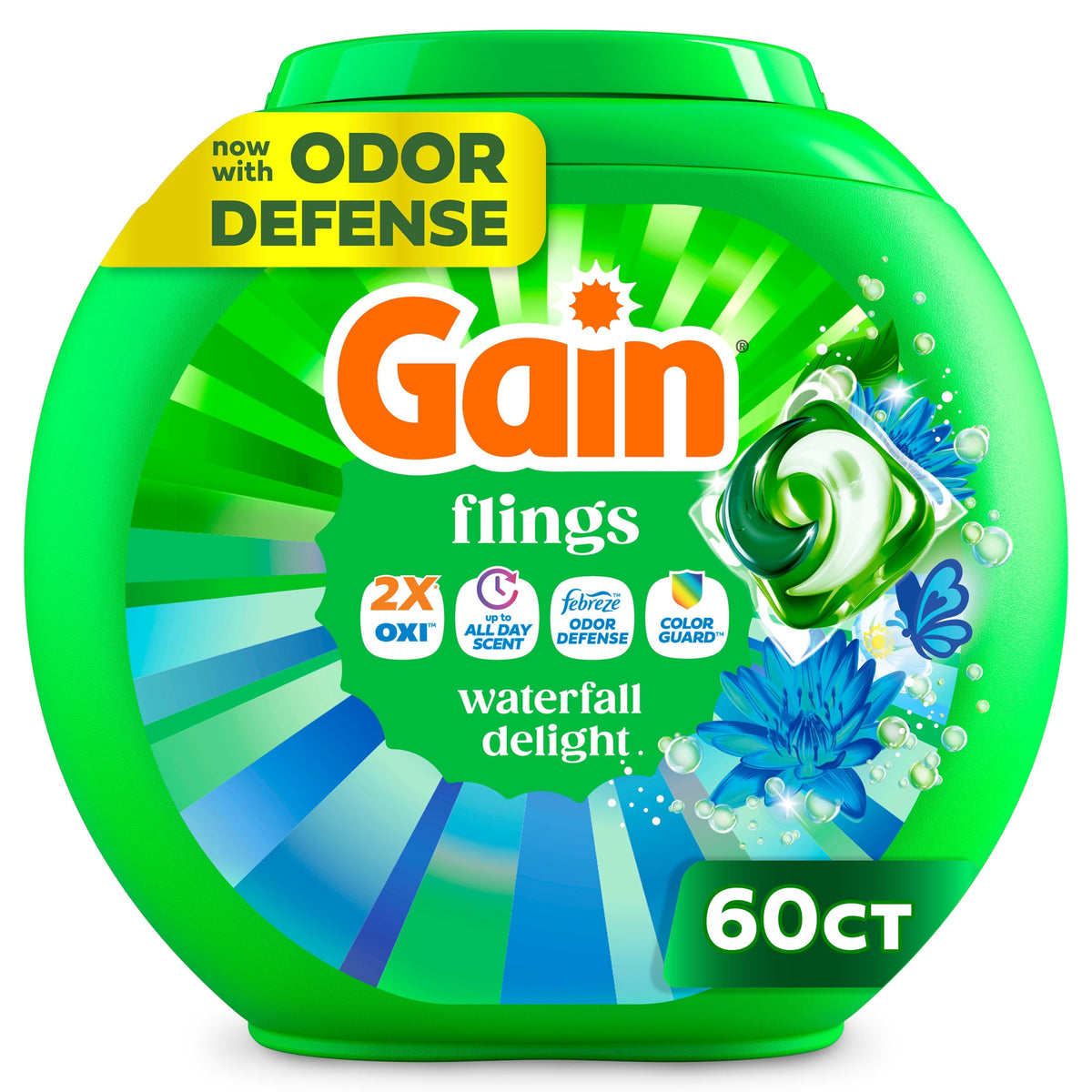 Gain Flings 4-in-1 Oxi Boost Febreze Laundry Detergent Pacs Waterfall Delight 60 Count