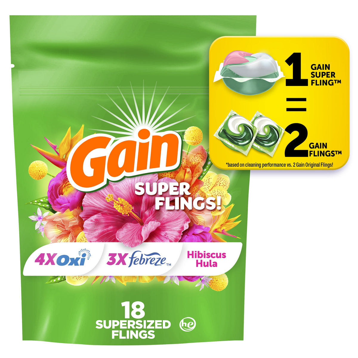 Gain Plus Flings Laundry Detergent Pacs All-In-One Happy Hibiscus Scent 18 Count