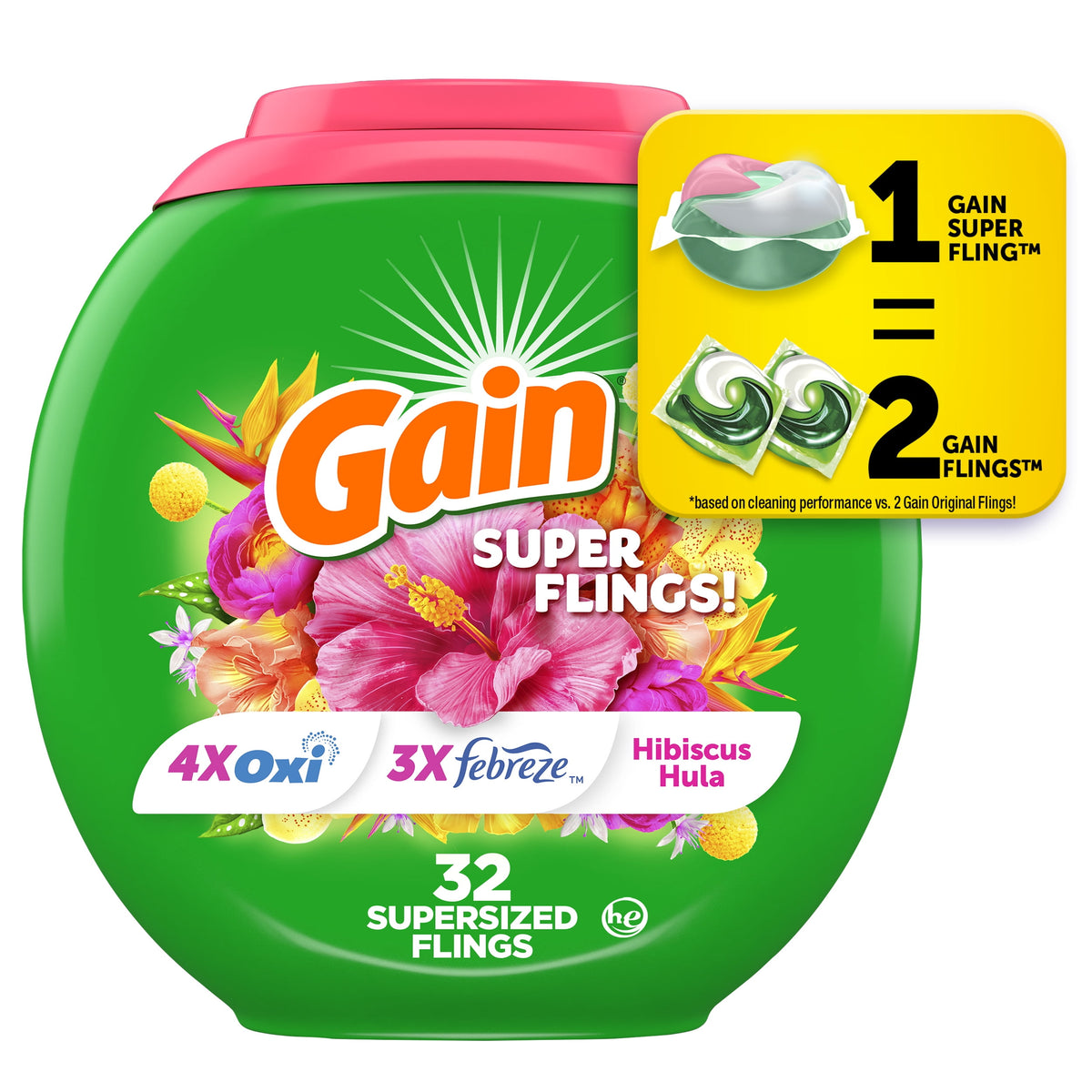 Gain Plus Flings Laundry Detergent Pacs All-In-One Happy Hibiscus Scent 32 Count