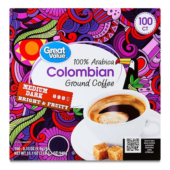 Great Value 100% Arabica Colombian Medium Dark Roast Ground Coffee Pods 100 Count
