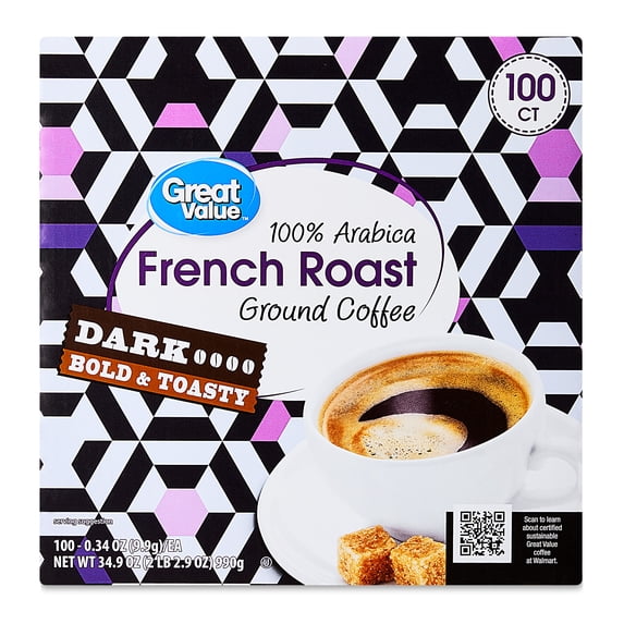 Great Value French Dark Roast 100% Arabica Ground Coffee Pods 34.9 oz 100 Count