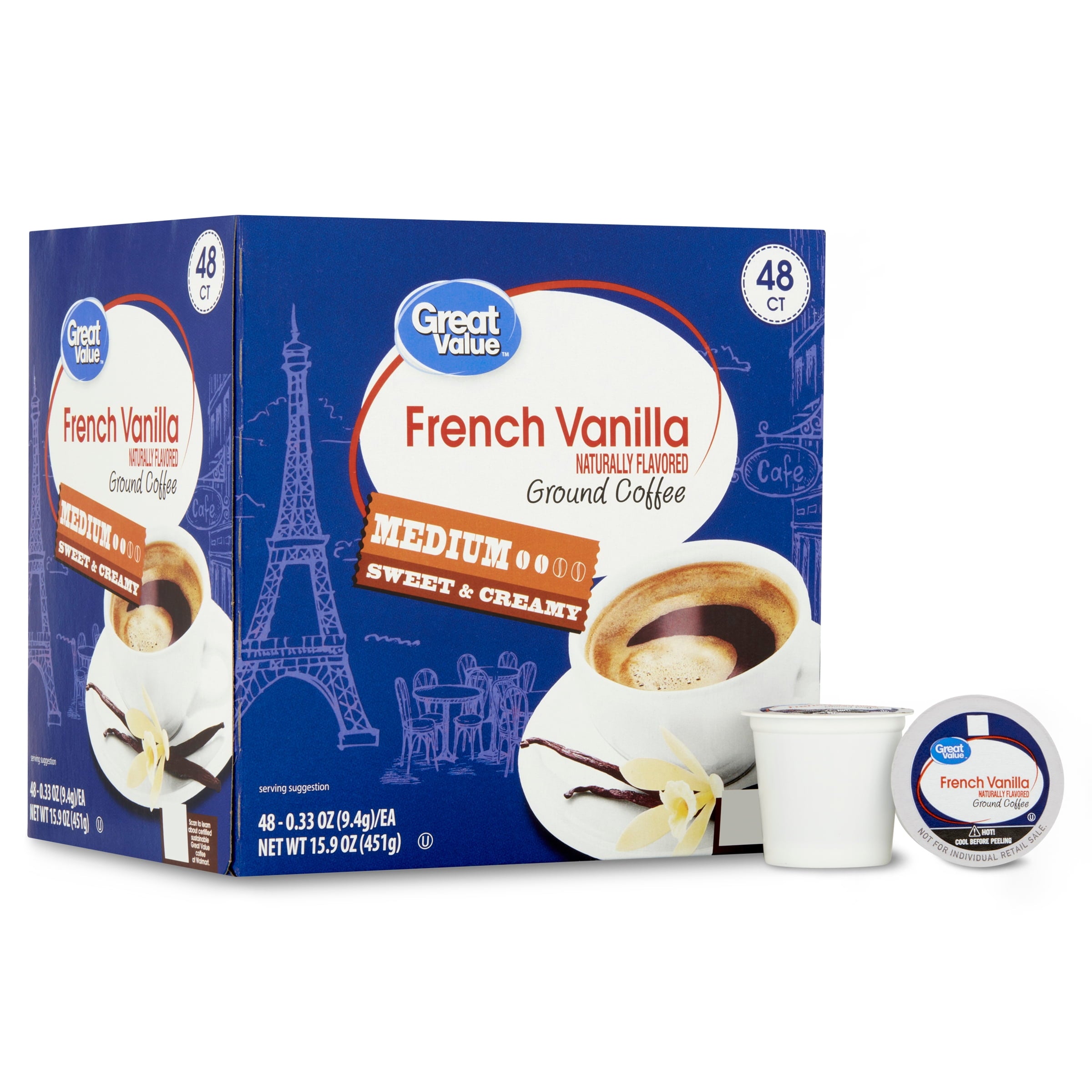 Great Value 100% Arabica French Vanilla Medium Roast Ground Coffee Pods 48 Count
