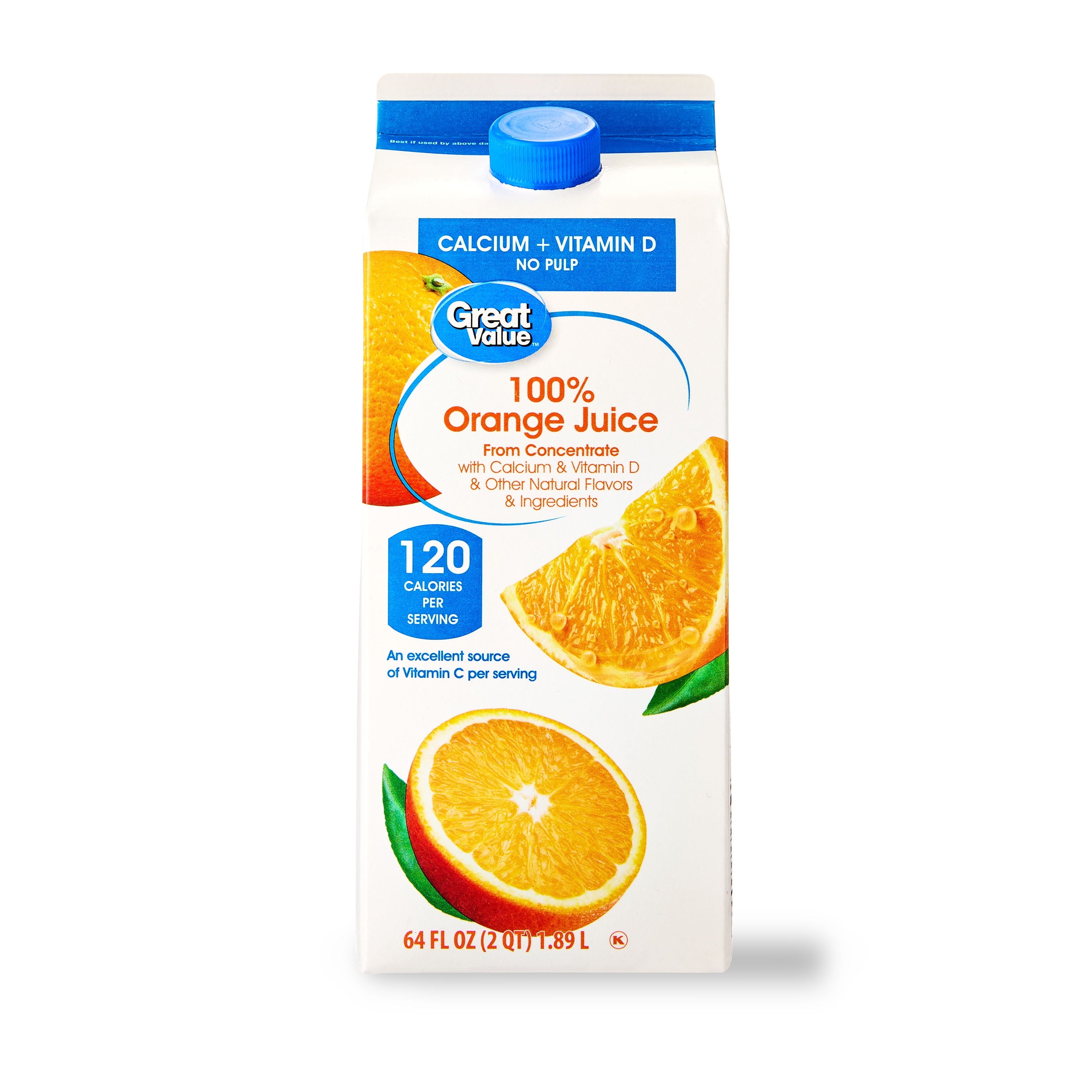 Great Value 100% Orange Juice From Concentrate No Pulp Calcium & Vitamin D 64 fl oz