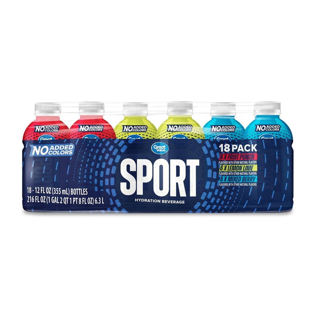 Great Value Sport Hydration Beverage Variety Pack Fruit Punch Lemon Lime Mixed Berry 12 fl oz 18 Count