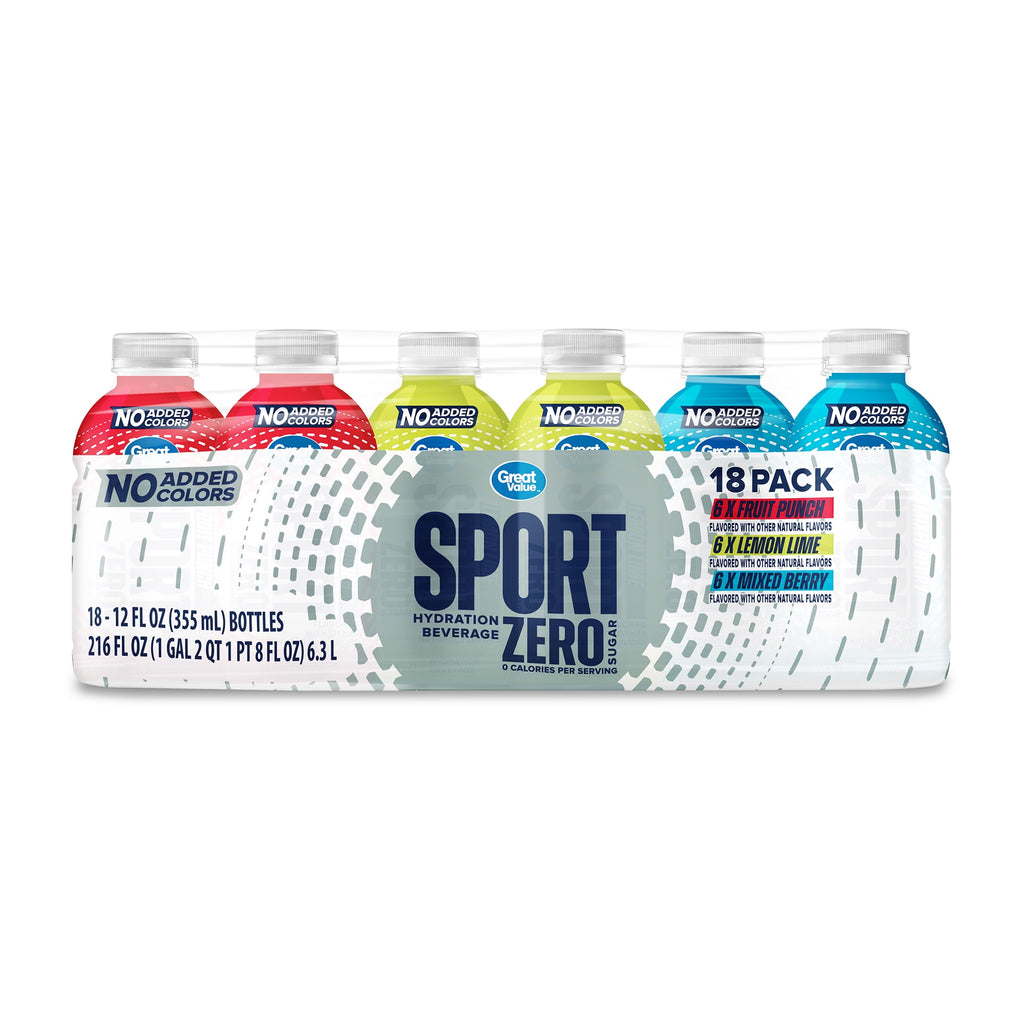 Great Value Zero Sugar Sports Drink Variety Pack Fruit Punch Lemon Lime Mixed Berry 12 fl oz 18 Count