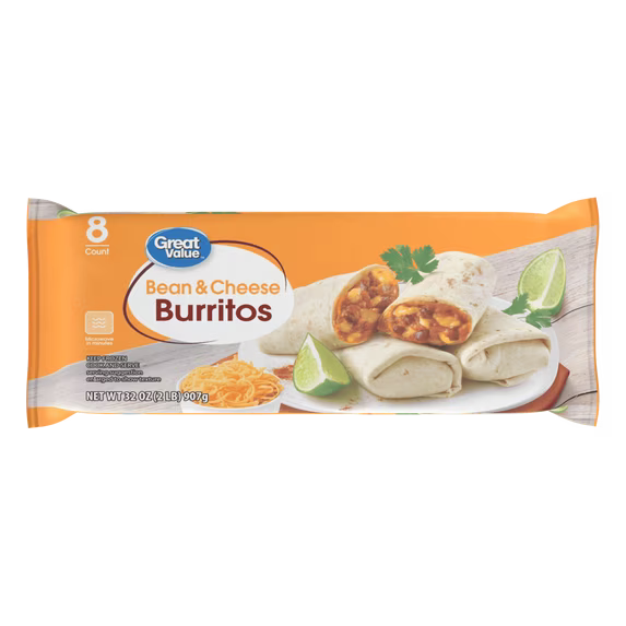 Great Value Bean & Cheese Burritos, 32 oz, 8 Count (Frozen)