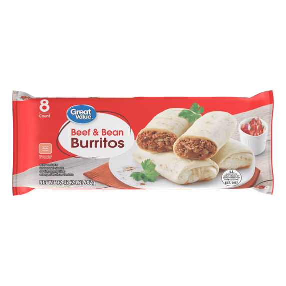 Great Value Beef & Bean Burritos, 32 oz, 8 Count (Frozen)