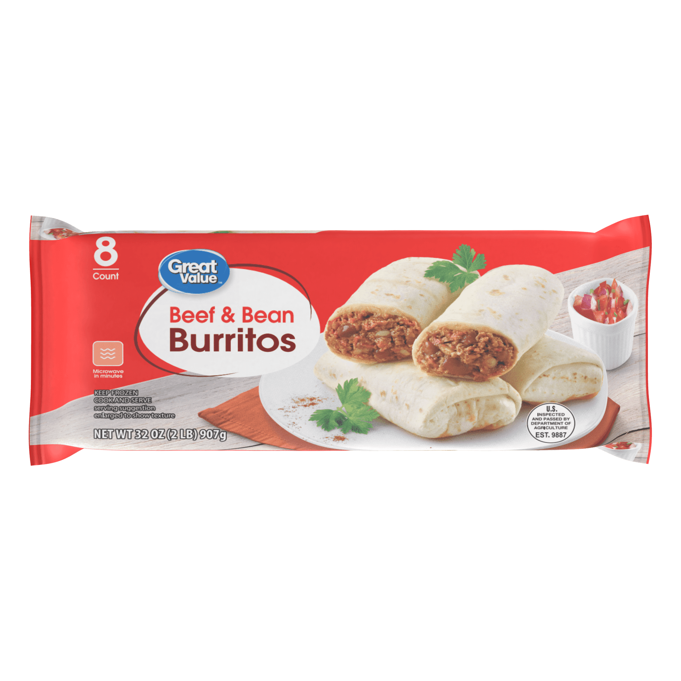 Great Value Beef & Bean Burritos Frozen 8 Count 32 Oz