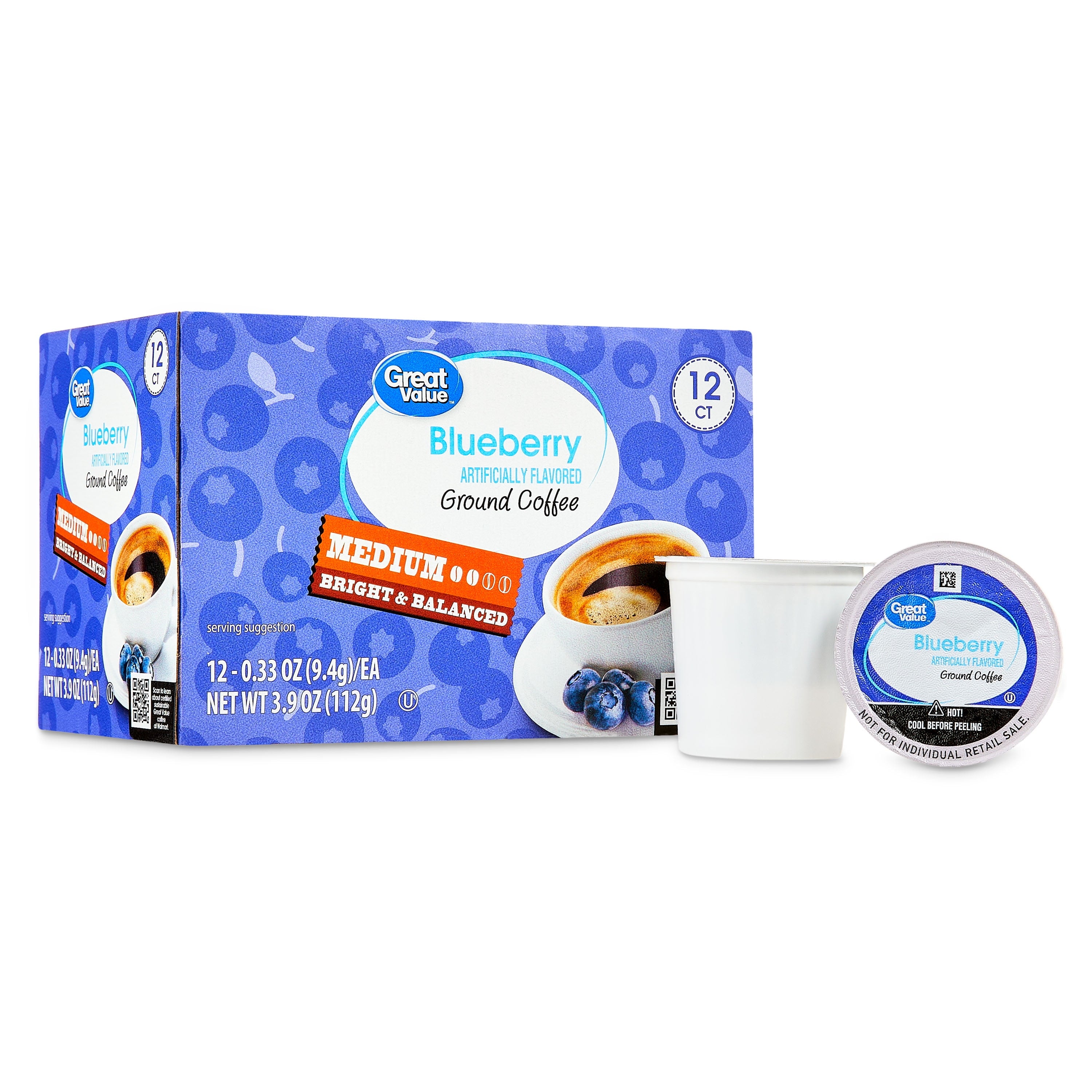 Great Value Blueberry Naturally Caffeinated Medium Roast Coffee Keurig K-Cup Pods 12 Count 3.9 oz Box