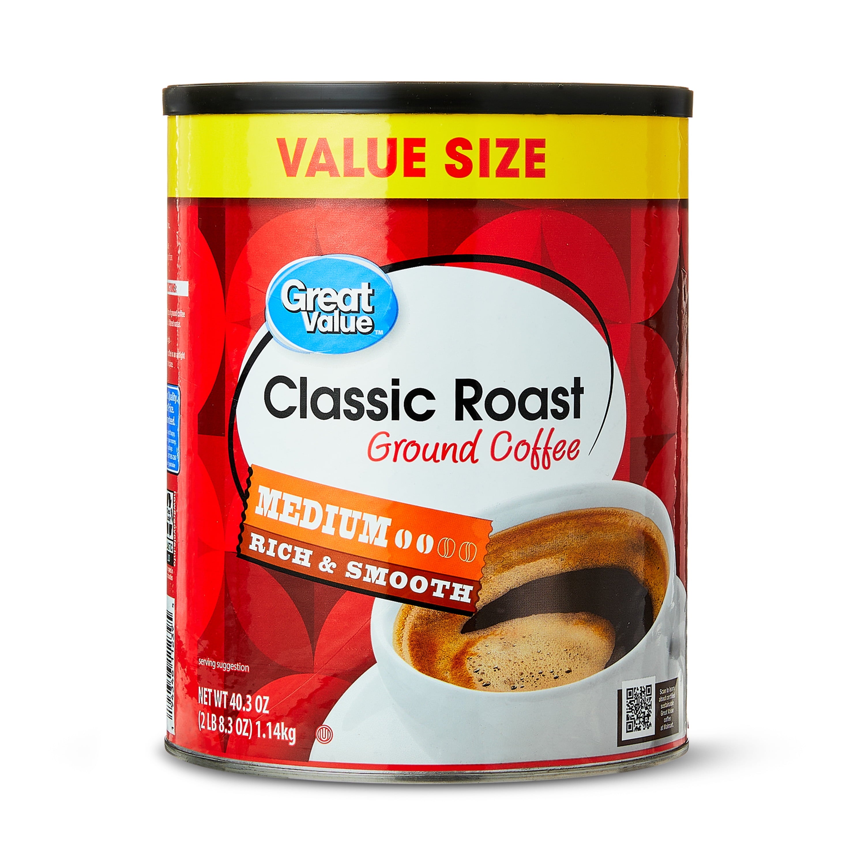 Great Value Classic Roast Naturally Caffeinated Medium Ground Coffee 40.3 oz Canister