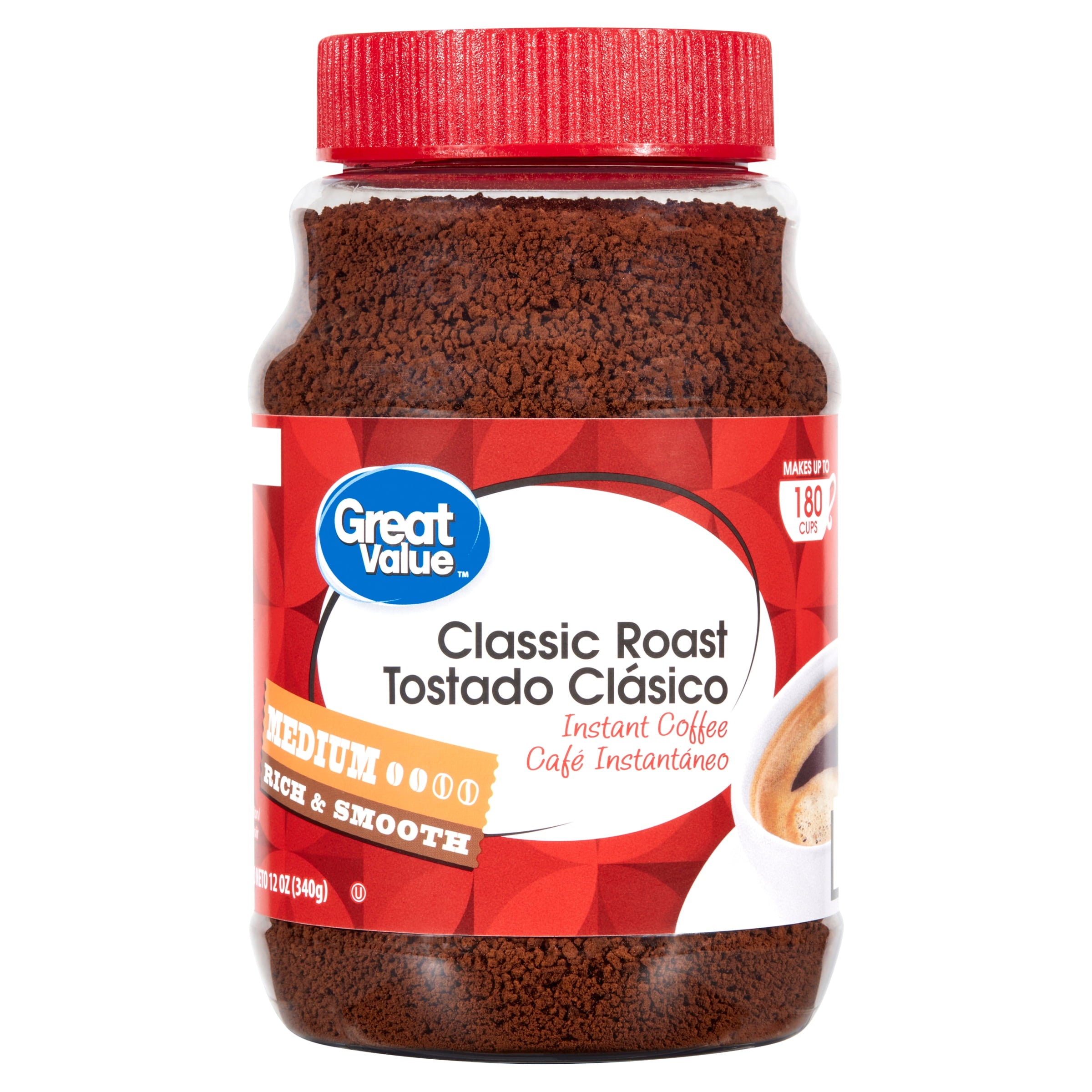 Great Value Classic Naturally Caffeinated Medium Roast Instant Coffee 12 oz Jar