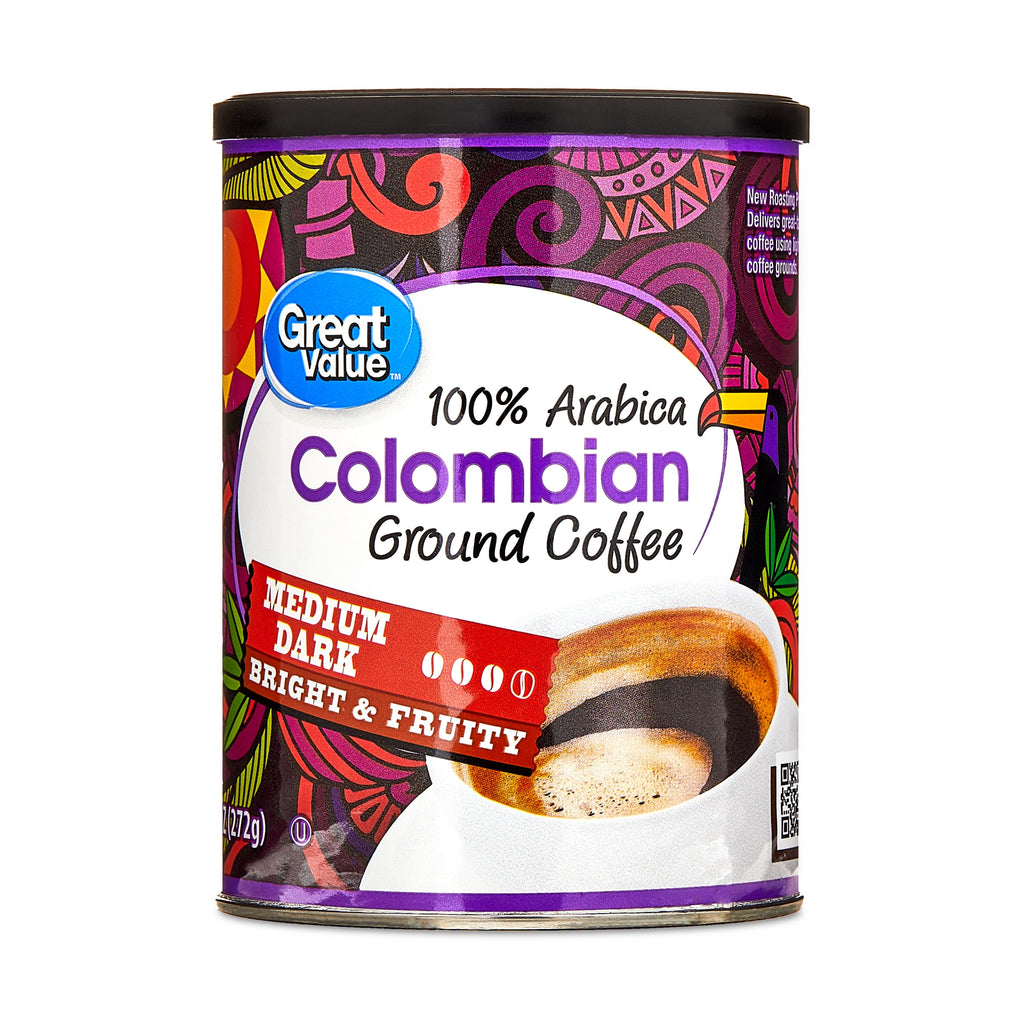 Great Value Colombian Naturally Caffeinated Medium Dark Roast Ground Coffee 9.6 oz Canister