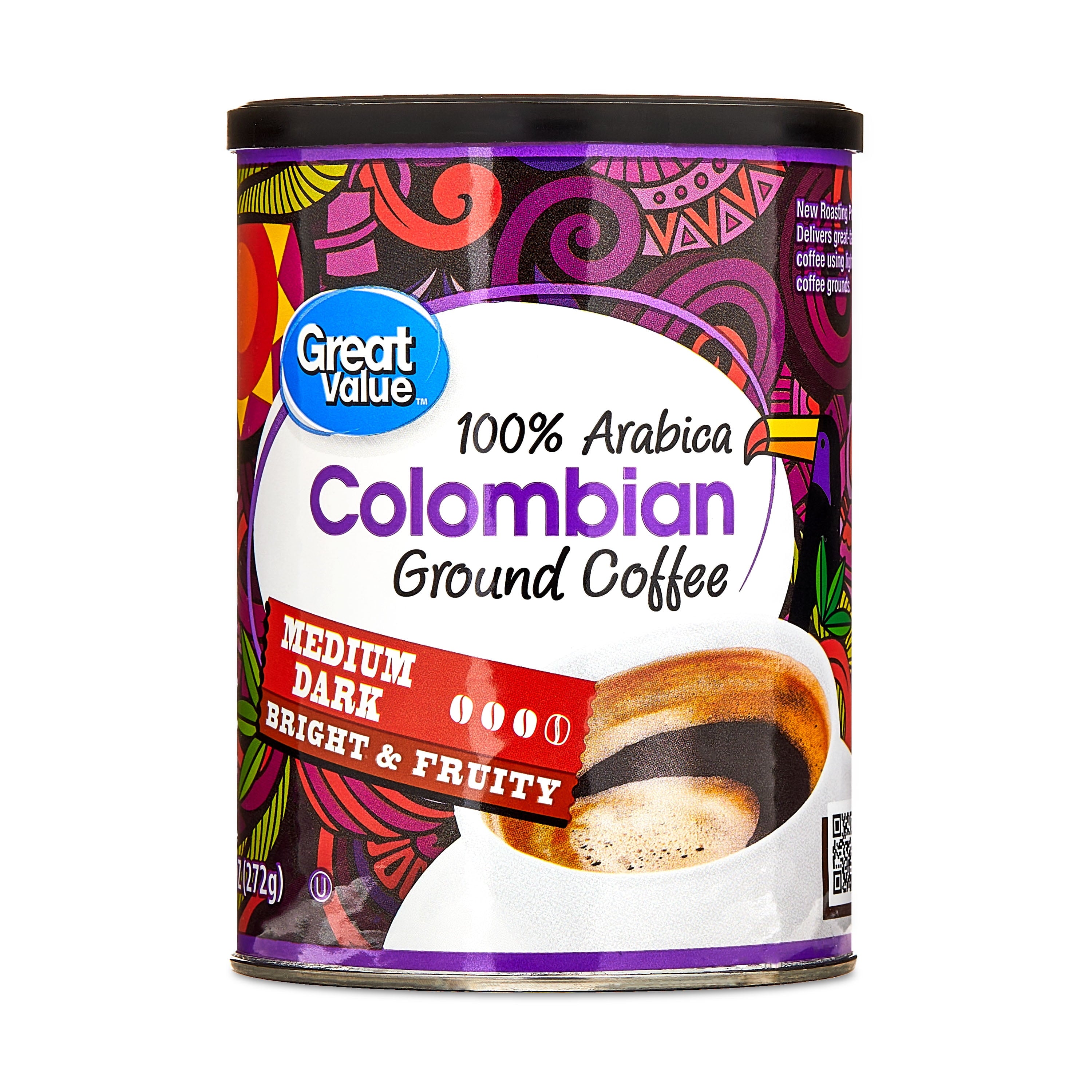 Great Value Colombian Naturally Caffeinated Medium Dark Roast Ground Coffee 9.6 oz Canister