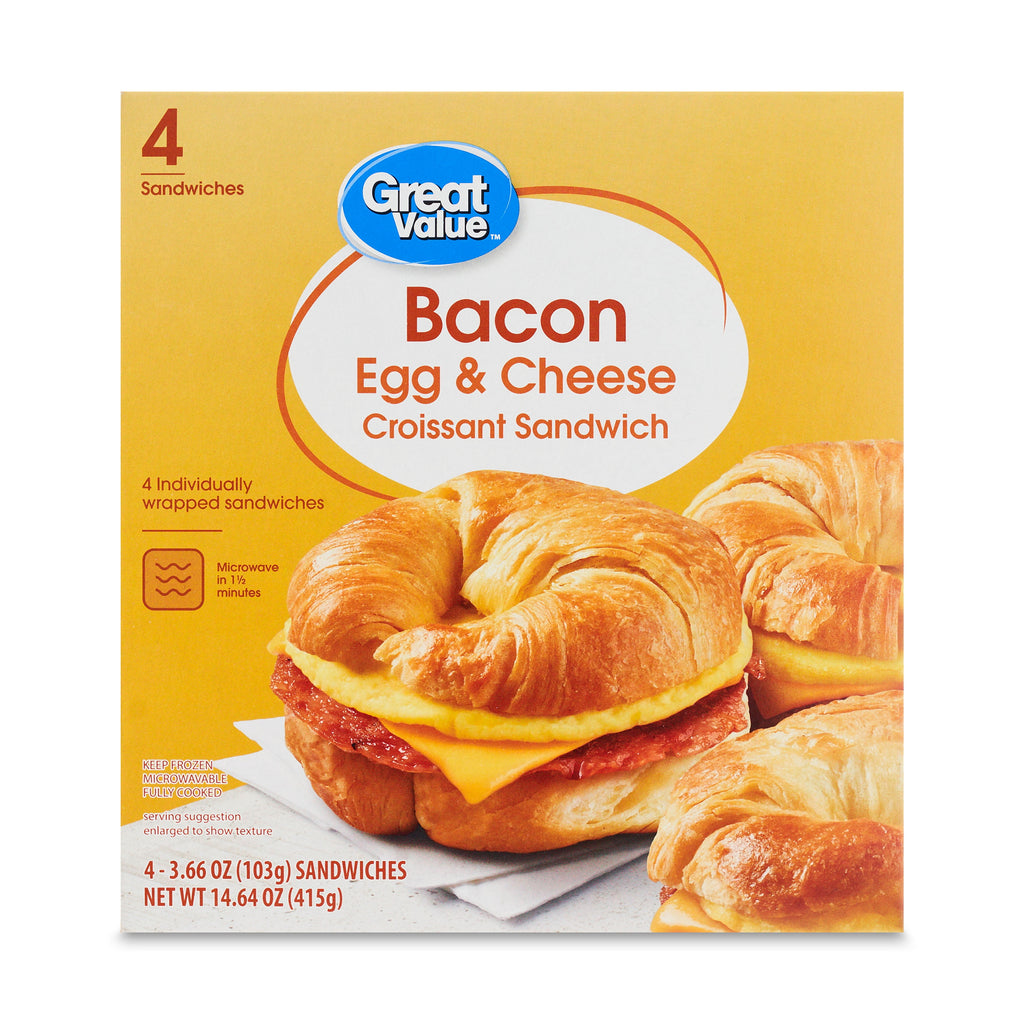Great Value Bacon Egg & Cheese Croissant Sandwiches Frozen 4 Count 14.64 Oz