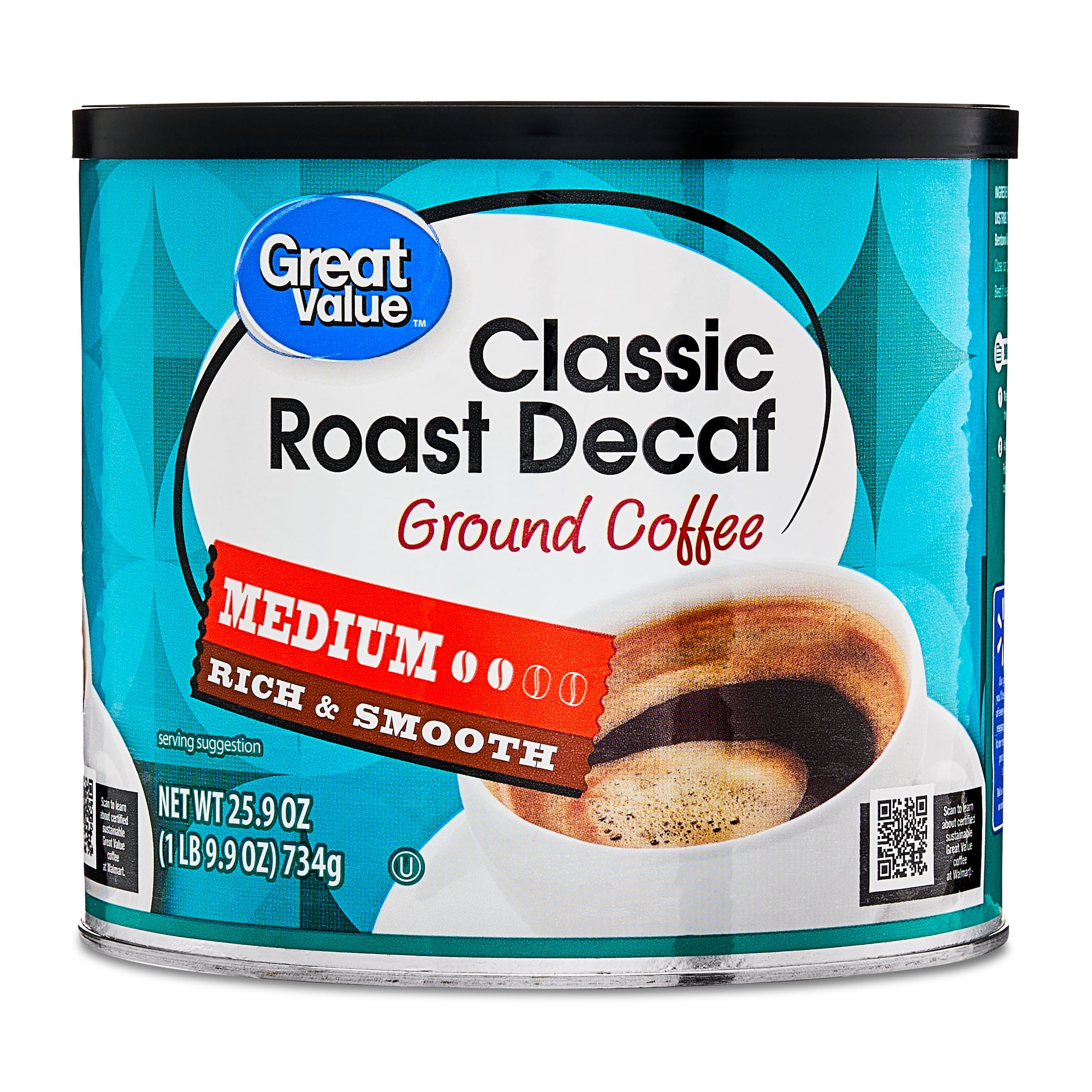Great Value Naturally Decaffeinated Classic Medium Roast Ground Coffee 25.9 oz Canister