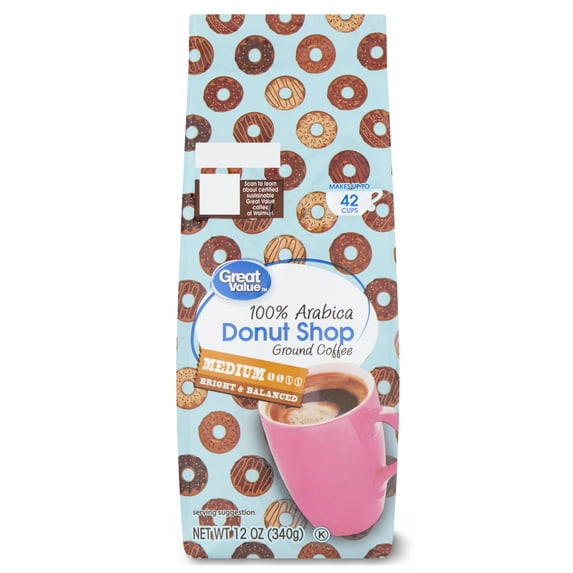 Great Value Donut Shop Naturally Caffeinated Medium Roast Ground Coffee 12 oz Bag