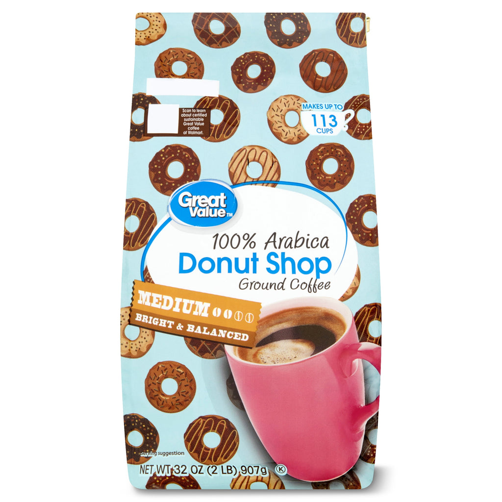 Great Value Donut Shop Naturally Caffeinated Medium Roast Ground Coffee 32 oz Bag