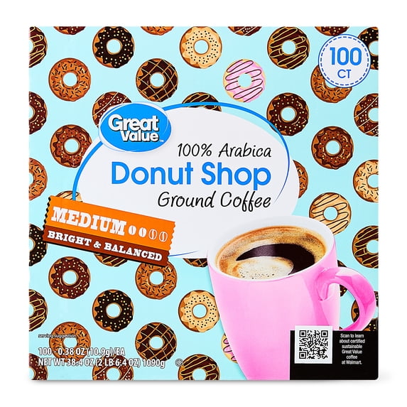 Great Value Donut Shop 100% Arabica Medium Roast Ground Coffee Pods 38.4 oz 100 Count