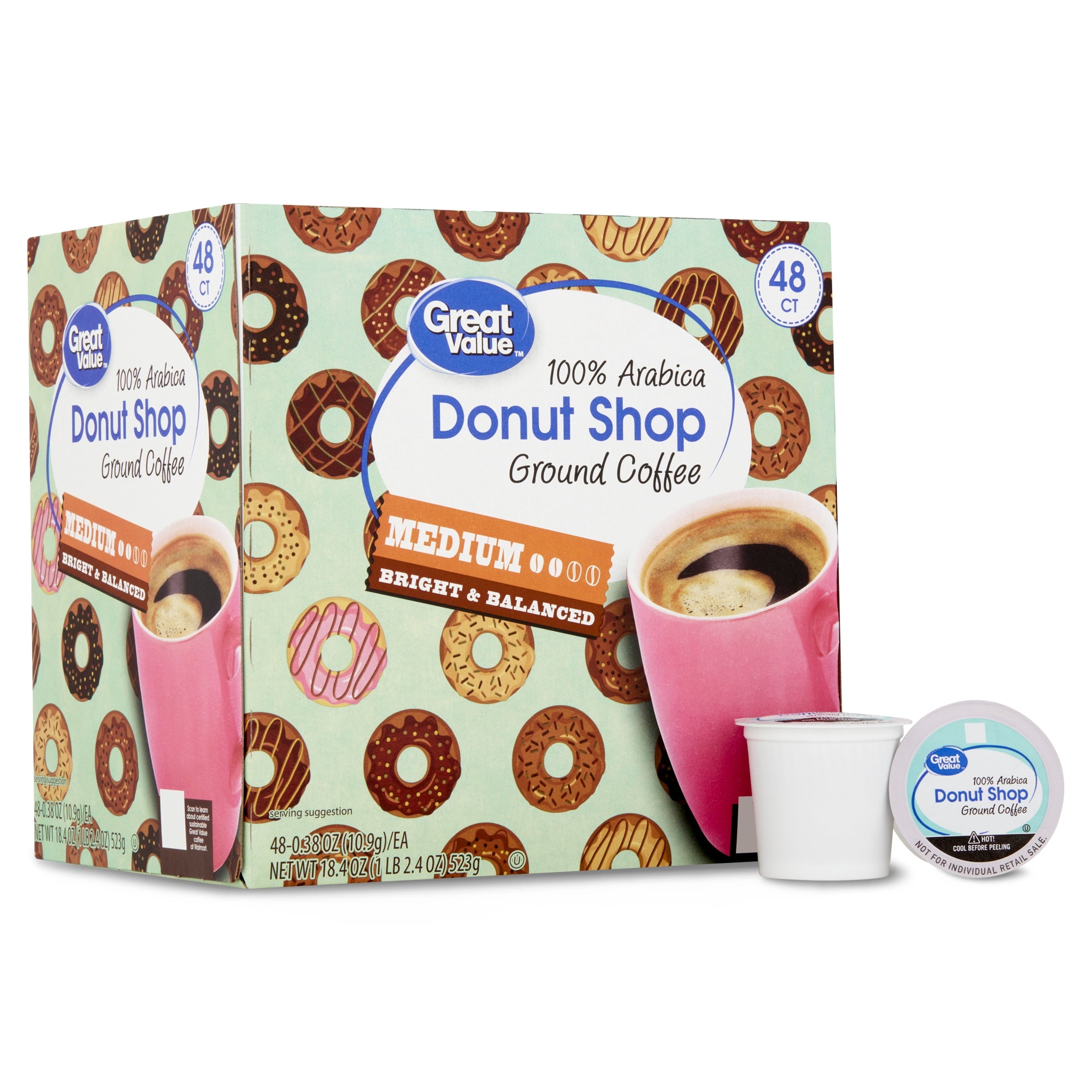 Great Value Donut Shop Naturally Caffeinated Medium Roast Ground Coffee Pods 48 Count