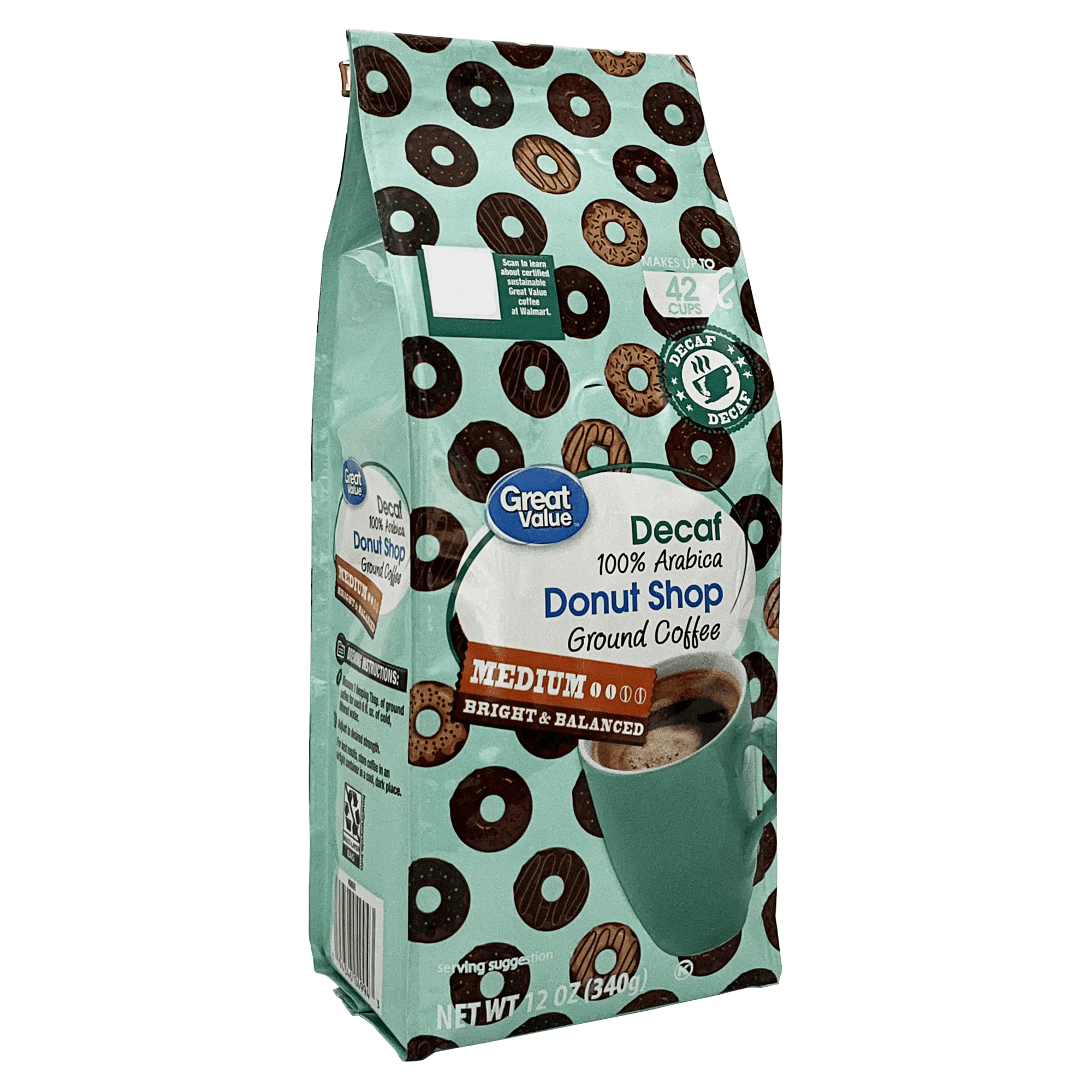 Great Value Donut Shop Naturally Decaffeinated Light Roast Ground Coffee 12 oz Bag