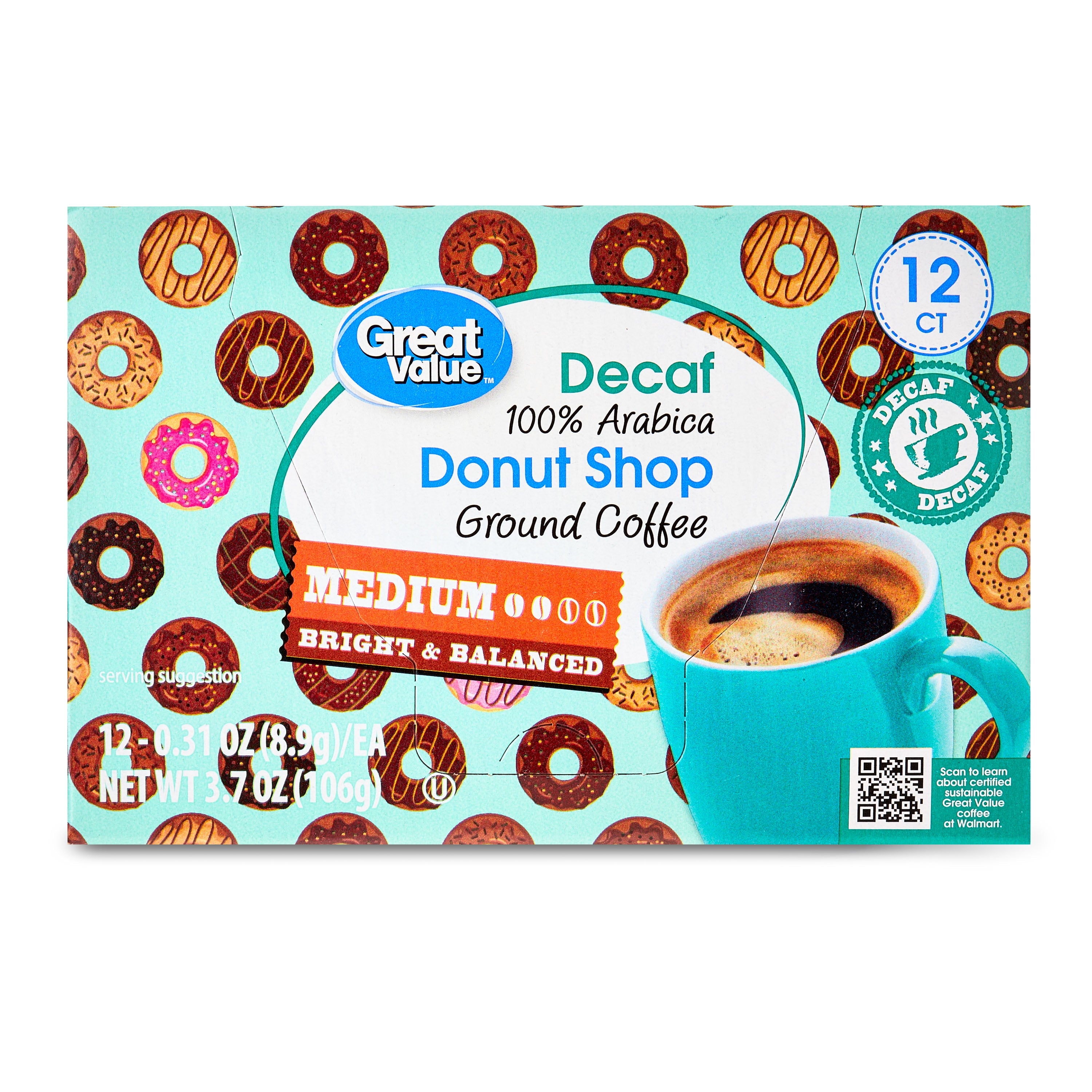 Great Value Decaf Donut Shop Medium Roast Ground Coffee Pods 12 Count