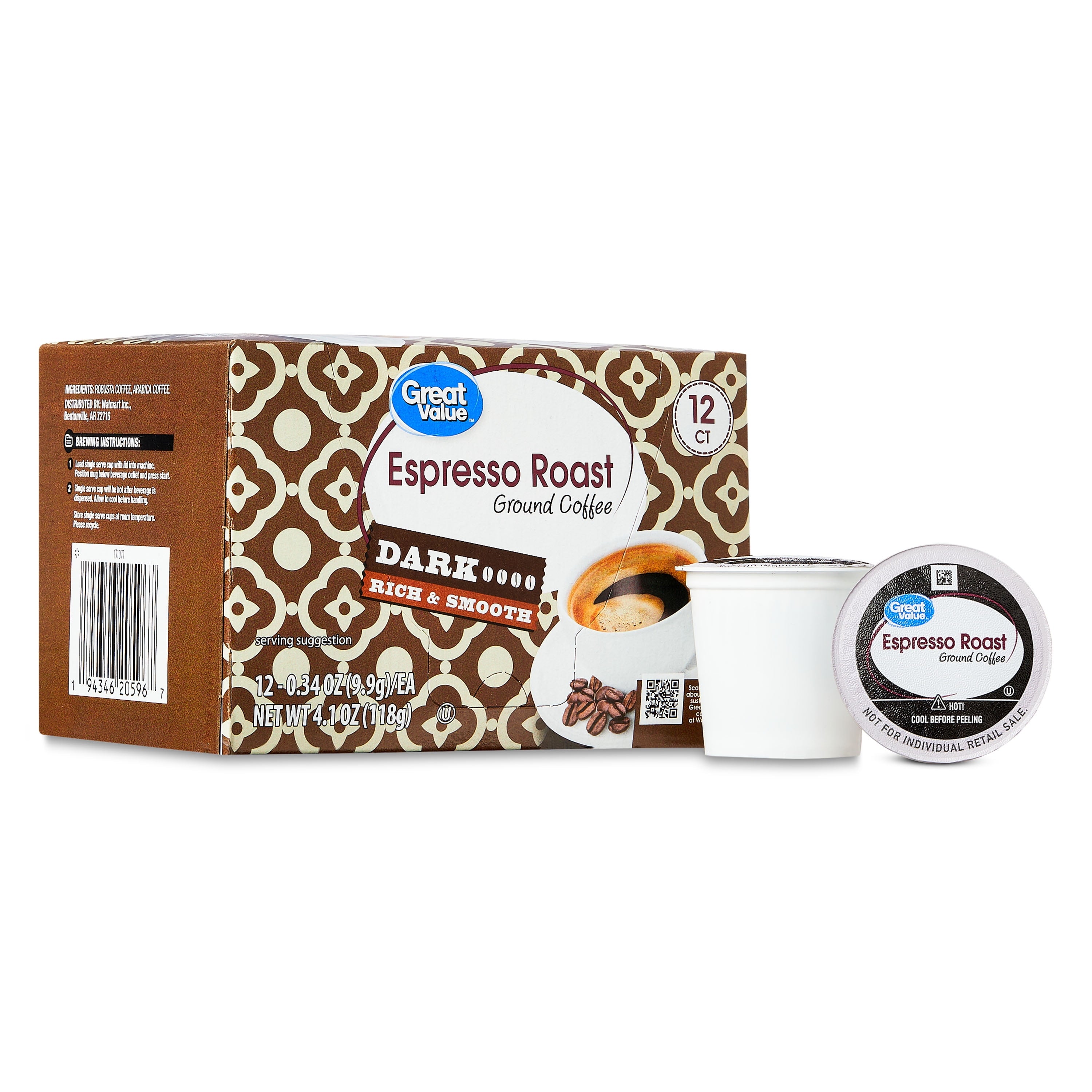 Great Value Espresso Dark Roast Single Serve Coffee Pods 12 Count