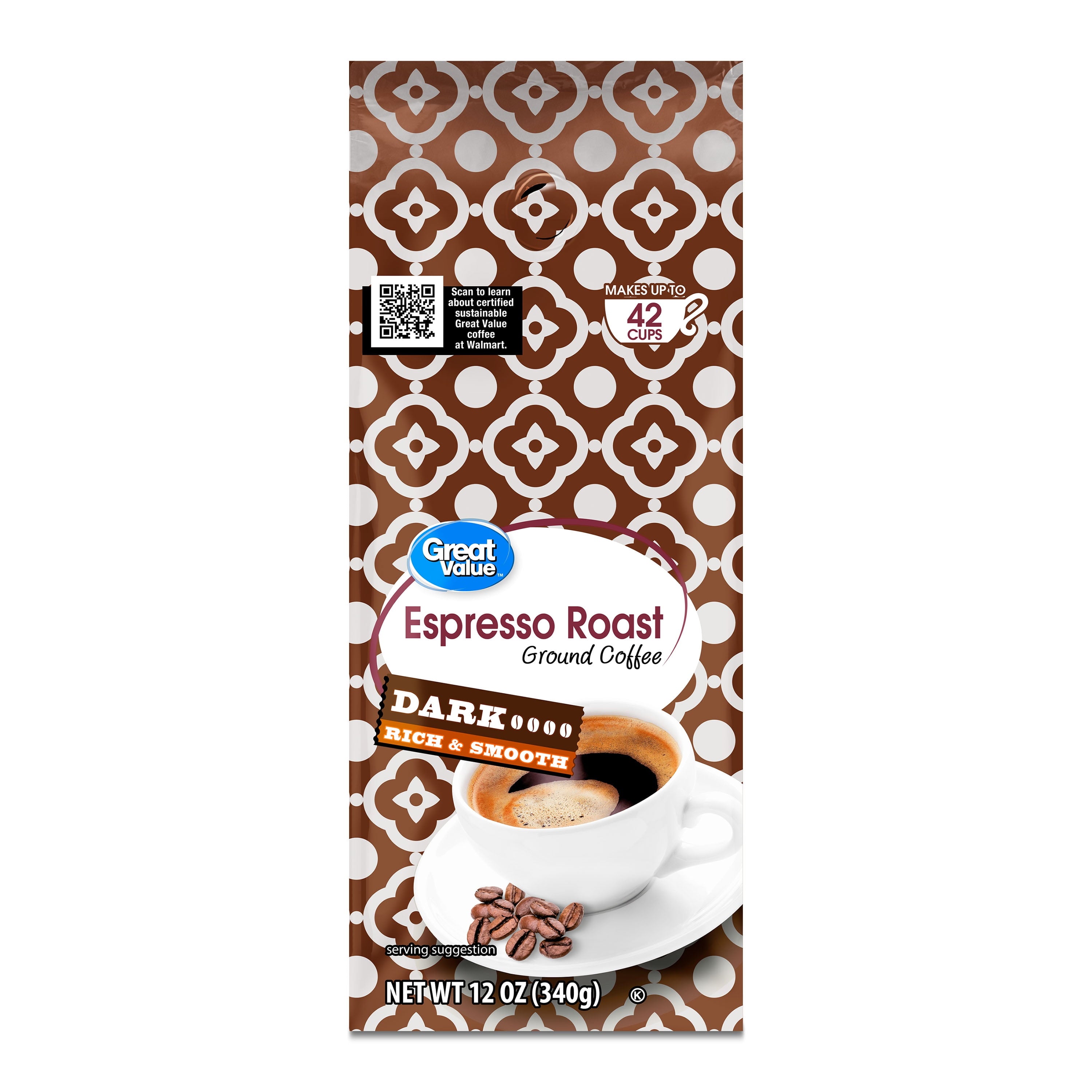 Great Value Espresso Roast Naturally Caffeinated Dark Ground Coffee 12 oz Bag