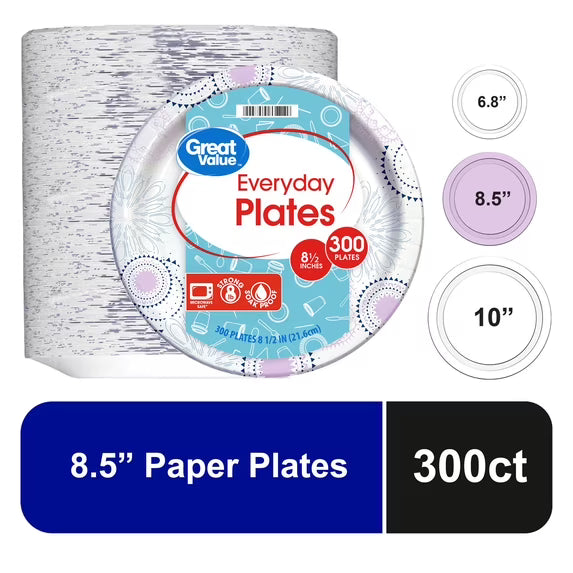 Great Value Disposable Paper Plates, 8.5 Inch, 300 Count