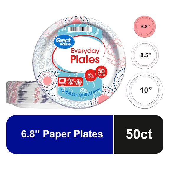 Great Value Disposable Paper Plates, 7", 50 Count