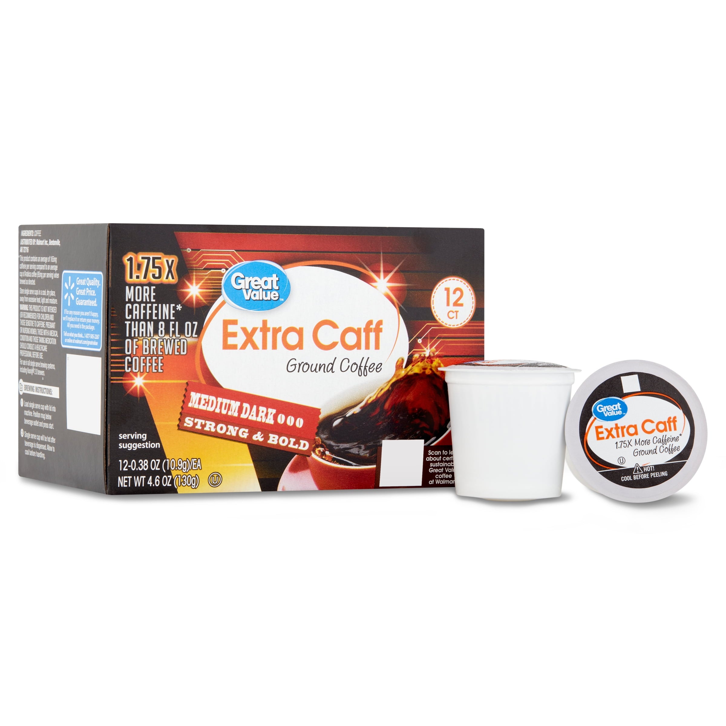 Great Value Extra Caff Medium-Dark Roast Coffee Pods 12 Count