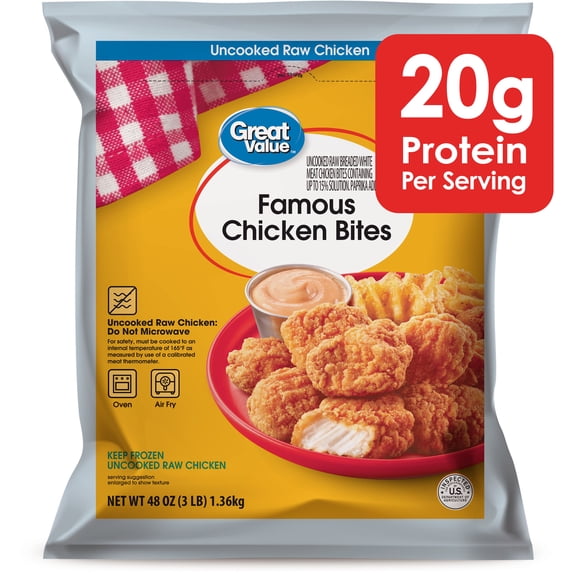 Great Value Famous Chicken Bites Ready to Cook Breaded Chicken Bites 20g Protein 3 Lb Frozen