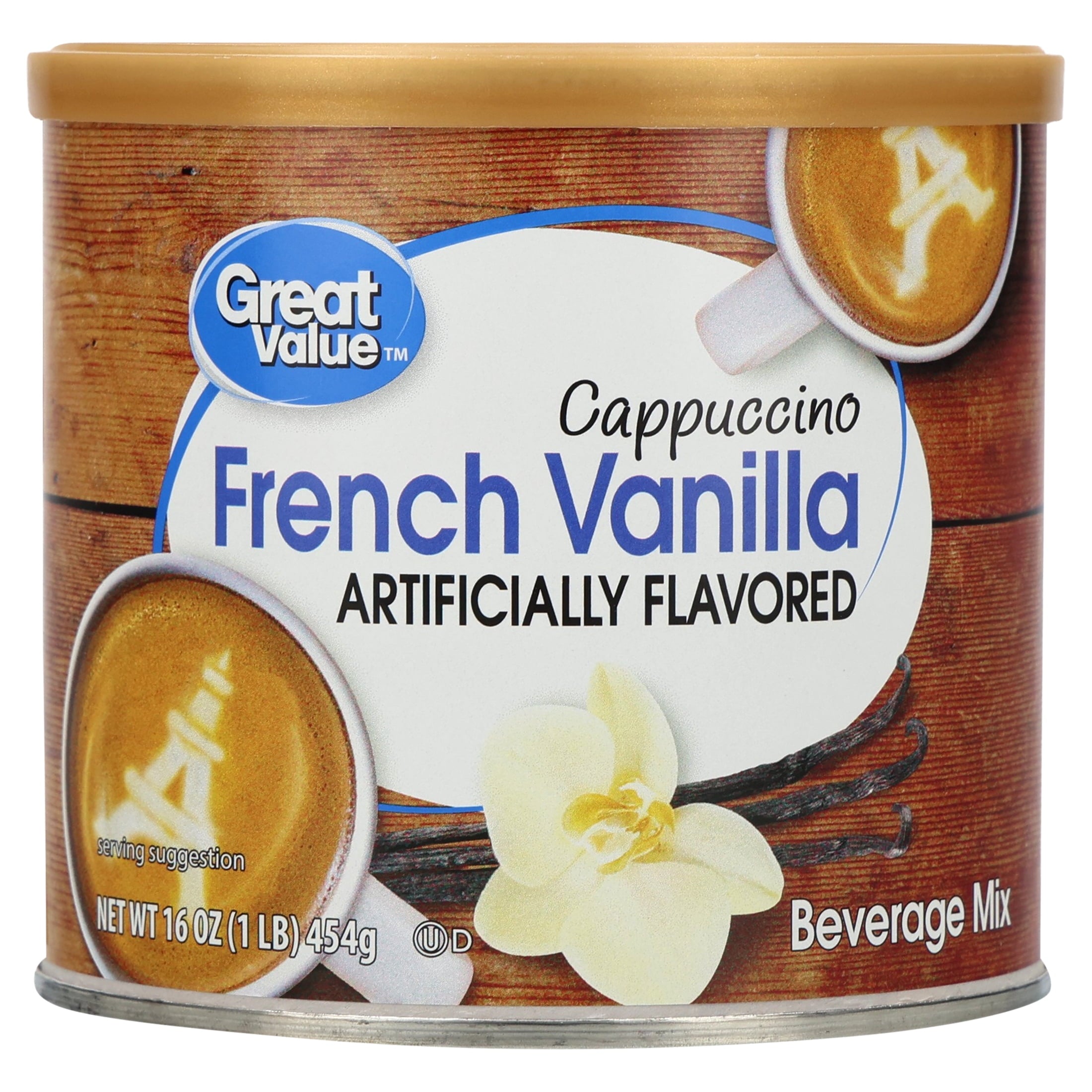 Great Value French Vanilla Naturally Caffeinated Instant Cappuccino Drink Mix 16 oz Canister
