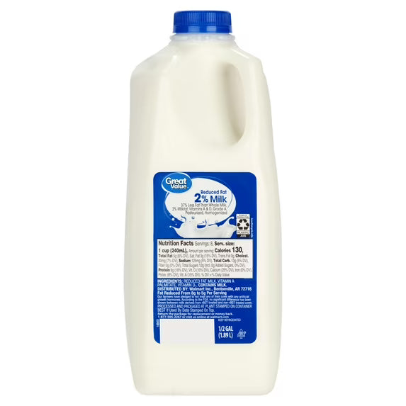 Great Value Milk, 2% Reduced Fat, Half Gallon, 64 fl oz