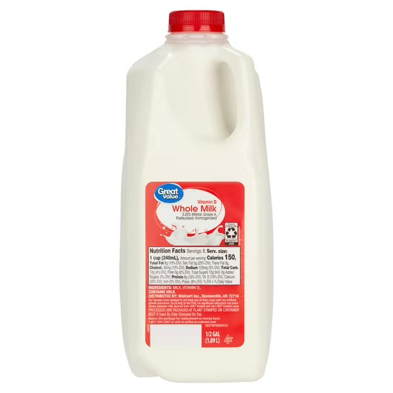 Great Value Milk Whole Vitamin D, Half Gallon, , 64 fl oz