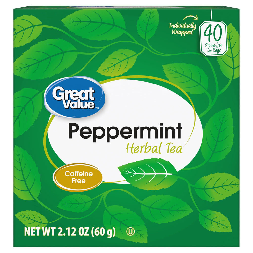 Great Value Peppermint Herbal Tea Bags Caffeine Free 2.12 oz 40 Count