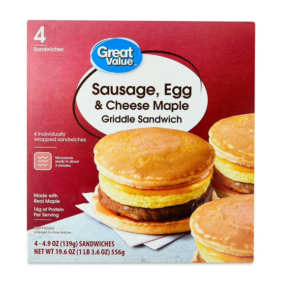 Great Value Sausage, Egg & Cheese Maple Griddle Sandwich, 4.9 oz, 4 Count