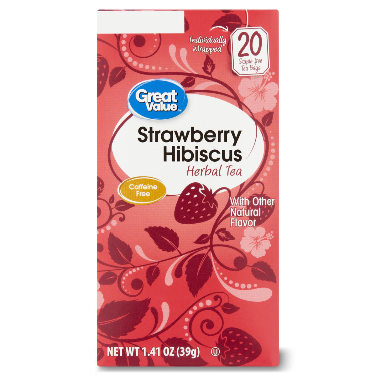 Great Value Strawberry Hibiscus Herbal Tea Bags Caffeine Free 1.41 oz 20 Count