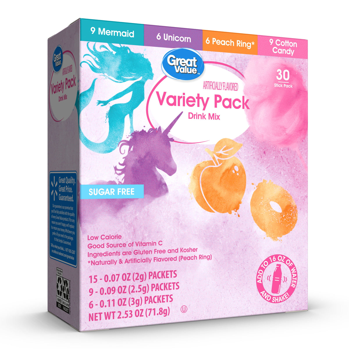 Great Value Sugar-Free WaterTok Variety Pack Drink Mix 2.53 oz 30 Count