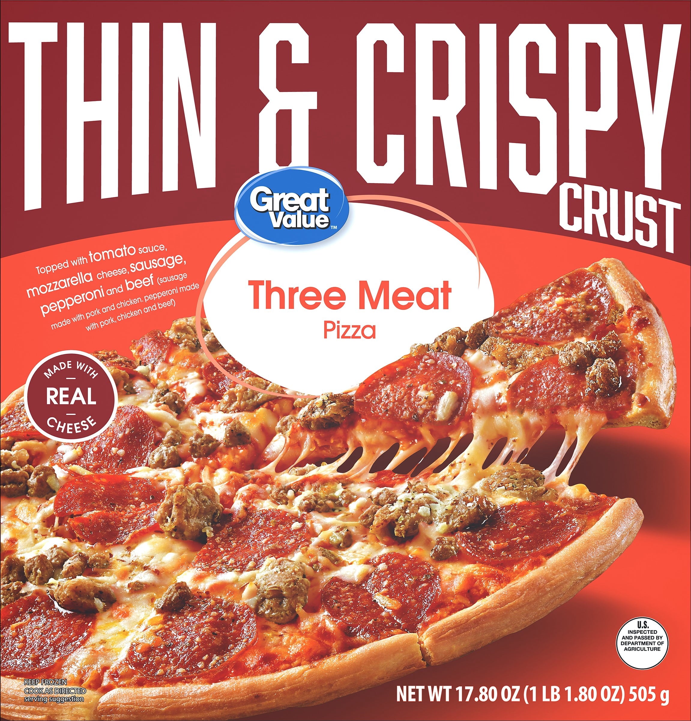 Great Value Thin Crust Three Meat Pizza 17.8 Oz Frozen