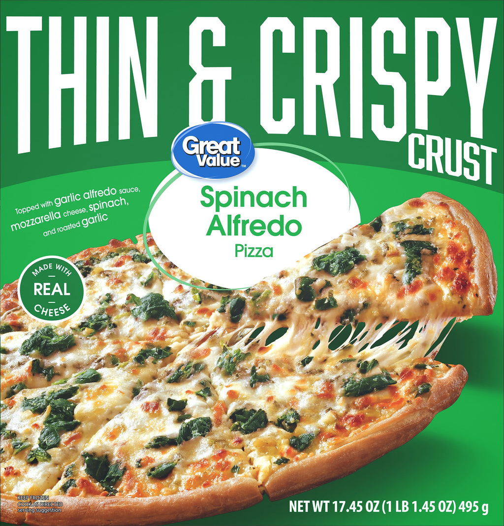 Great Value Thin and Crispy Crust Spinach Alfredo Frozen Pizza 17.45 Oz