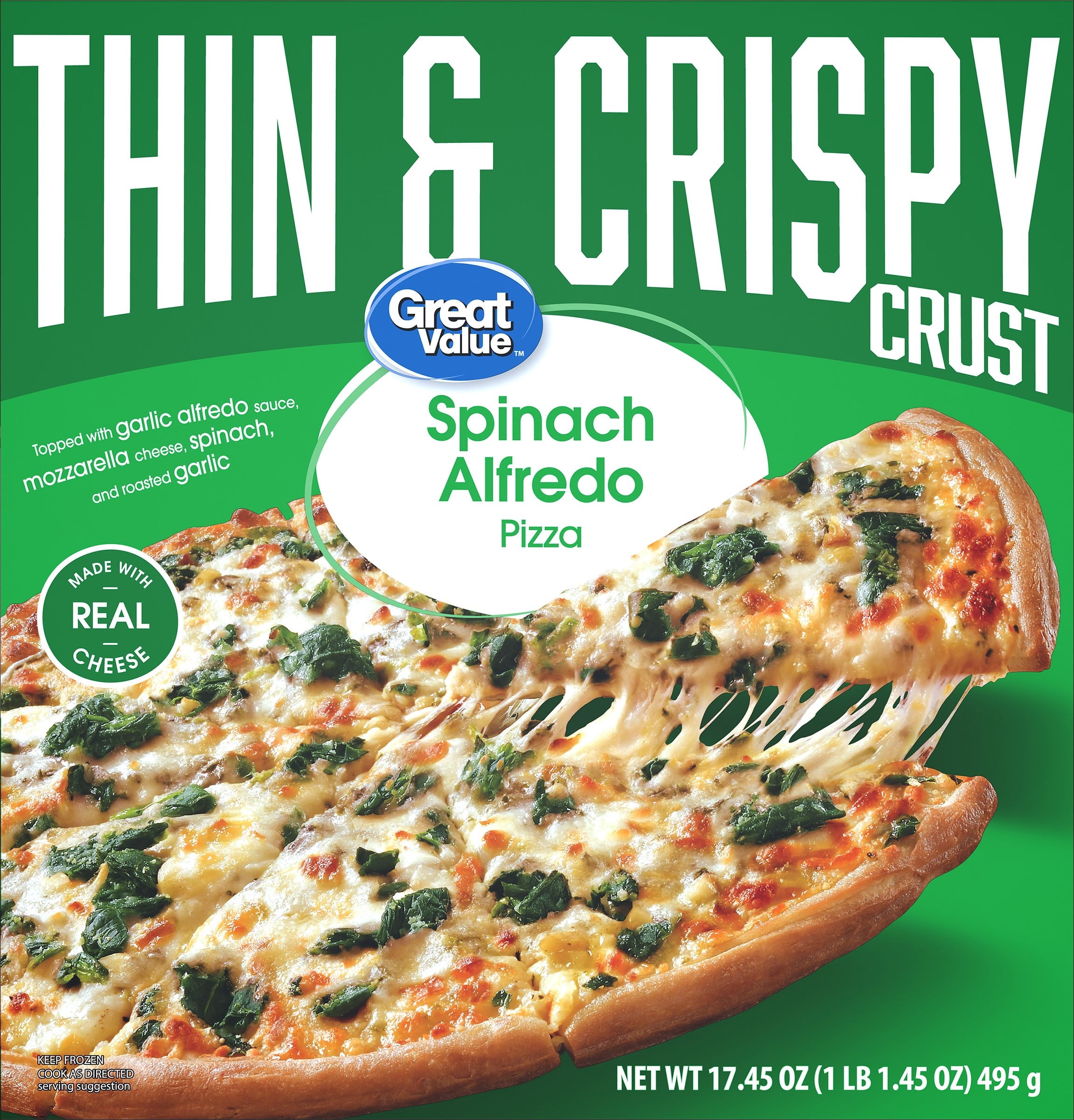 Great Value Thin and Crispy Crust Spinach Alfredo Frozen Pizza 17.45 Oz